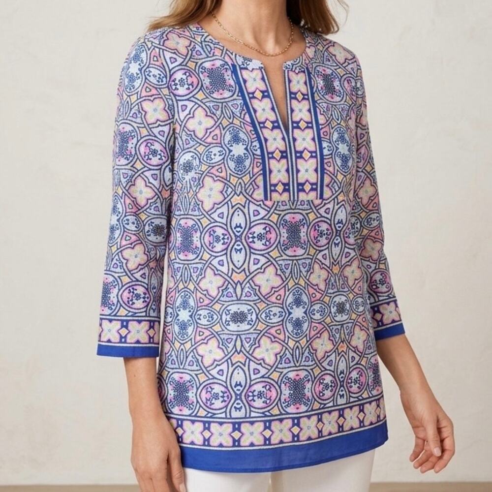 Talbots Woman Petites Tunic Blouse 2XP Cotton Blue Pink Geometric Medallion Top
